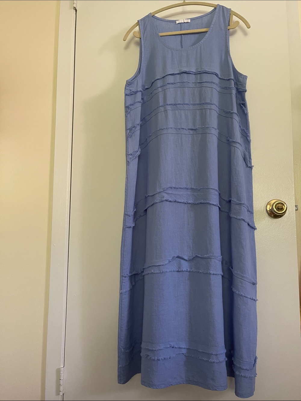 Sleeveless Tiered Linen Midi Dress in Light Periwinkle, made in Italy